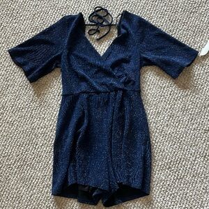 Blue sparkly backless romper dress w tie size small